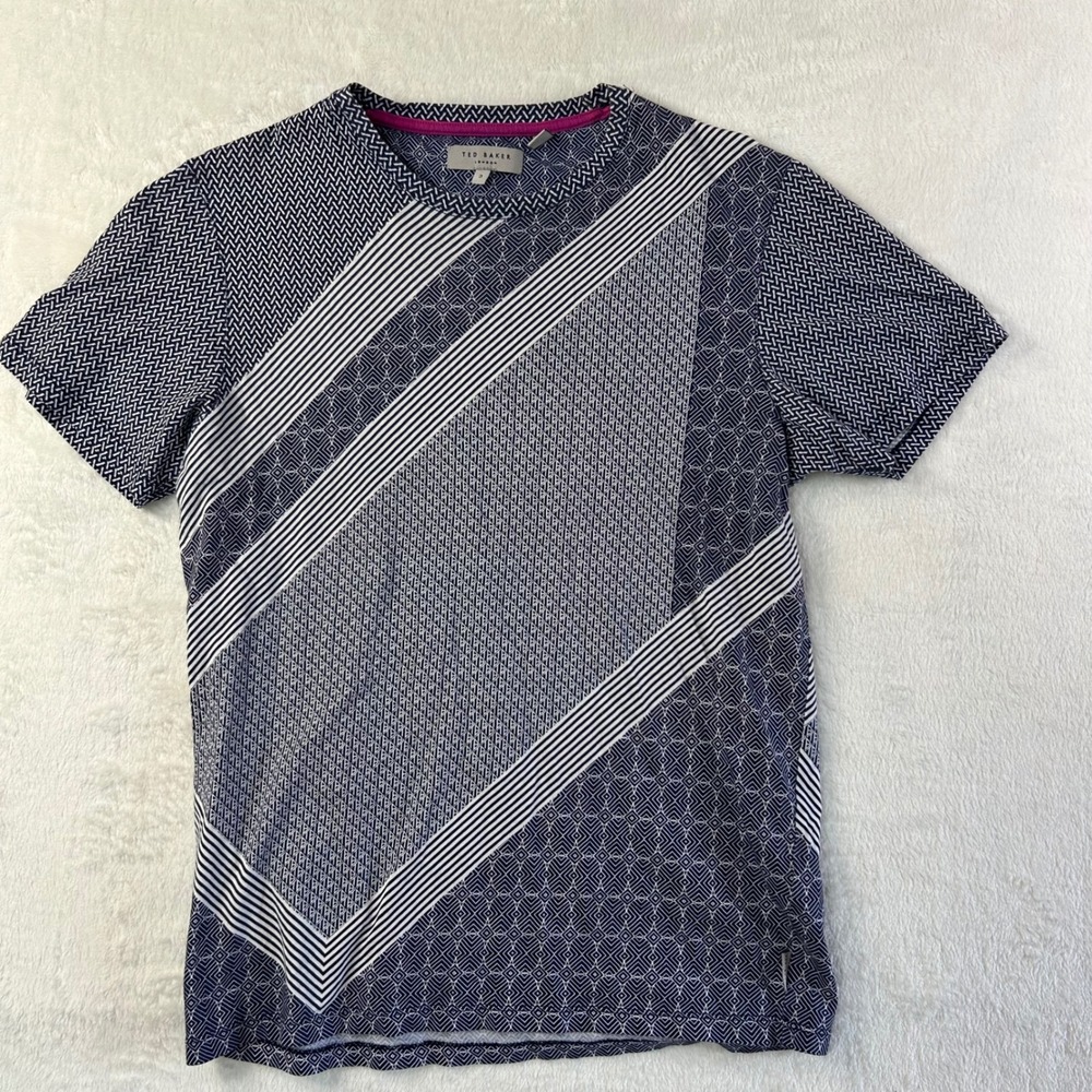Ted Baker Dark Academia Geometric Print Tee M Navy White Modernist Indie Sleaze‎